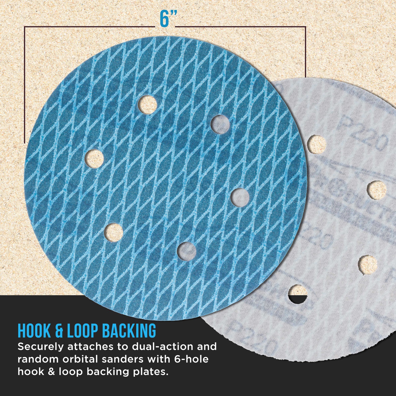 220 Grit 6″ Diamond Shape Sanding Discs, 6-Hole, Box of 50 Hook & Loop Sandpaper