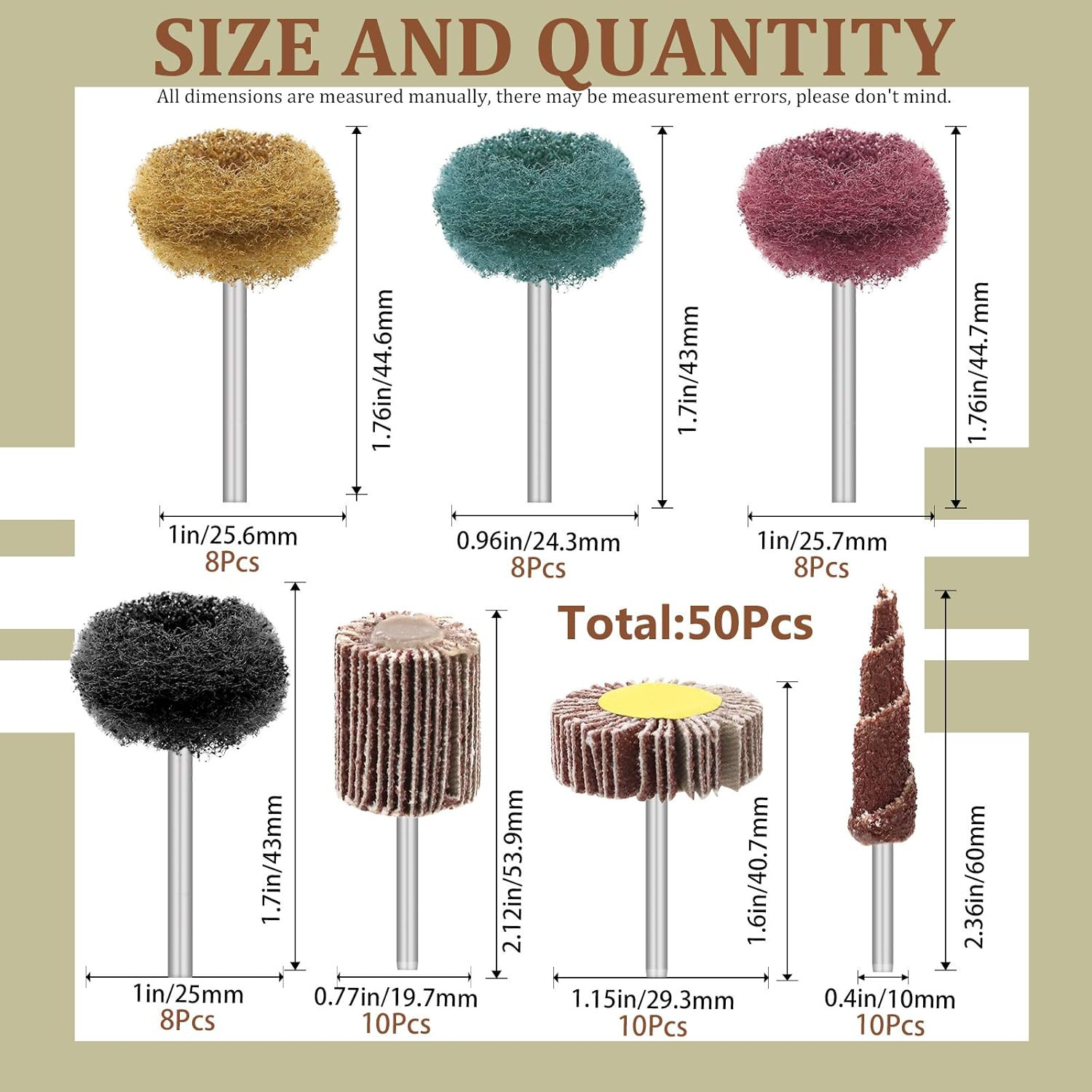 50Pcs Abrasive Sanding Flap Wheel Assortmen Kit, 80 Grit 1/8″ Shank Cone
