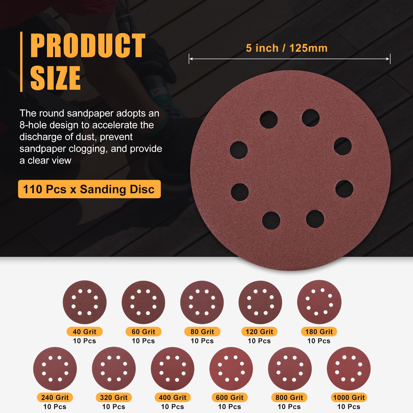 110 Pcs 125mm 5 Inch Sanding Disc 40/60/80/120/180/240/320/400/600/800/1000 Grit