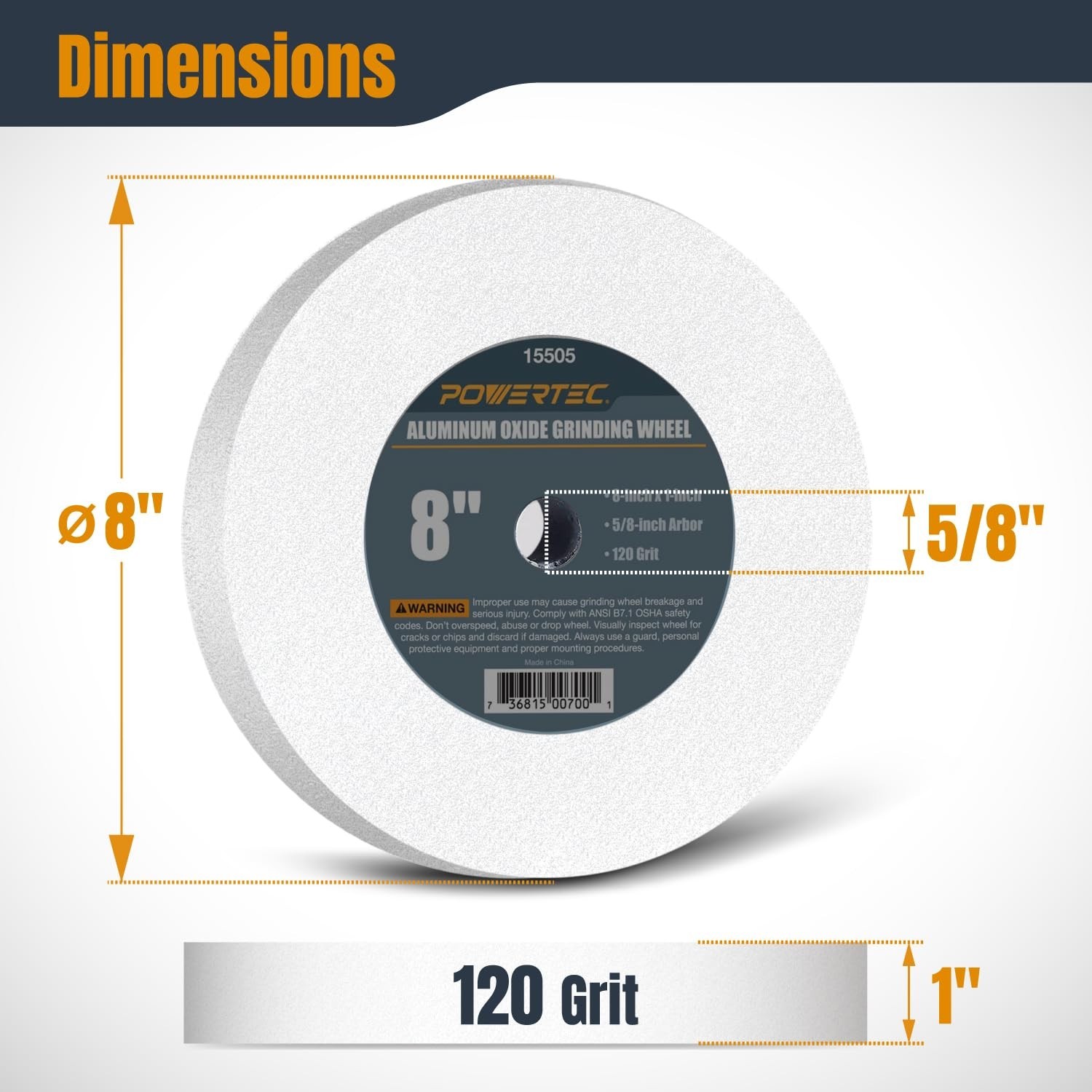 POWERTEC White Grinding Wheel 8×1″ Disc with 5/8″ Arbor 120 Grit Aluminum