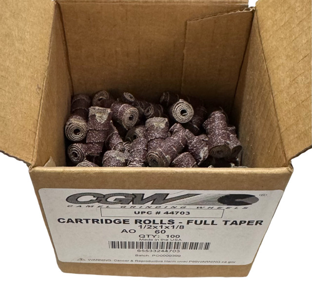 CGW 1/2″ x 1″ x 1/8″ Abrasive Catridge Rolls Full Taper 60 Grit A/O 100 Pack USA