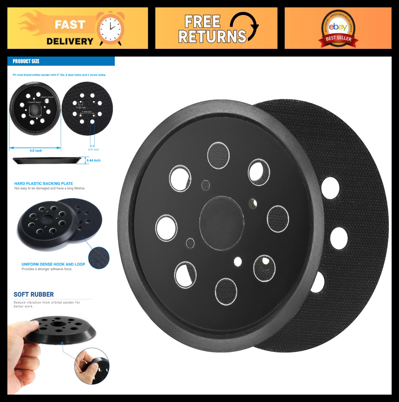 2 Pack 5″ 8 Hole Sander Pads – Hook & Loop Replacement for Random Orbital Sander