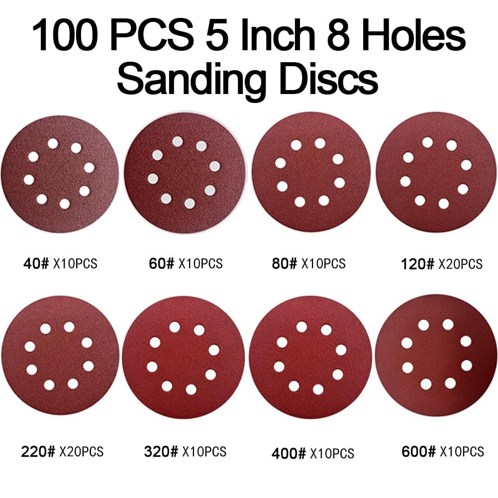 100pcs Sanding Discs Set, 5-Inch 8-Hole Hook and Loop Sandpaper 40 60 80 120