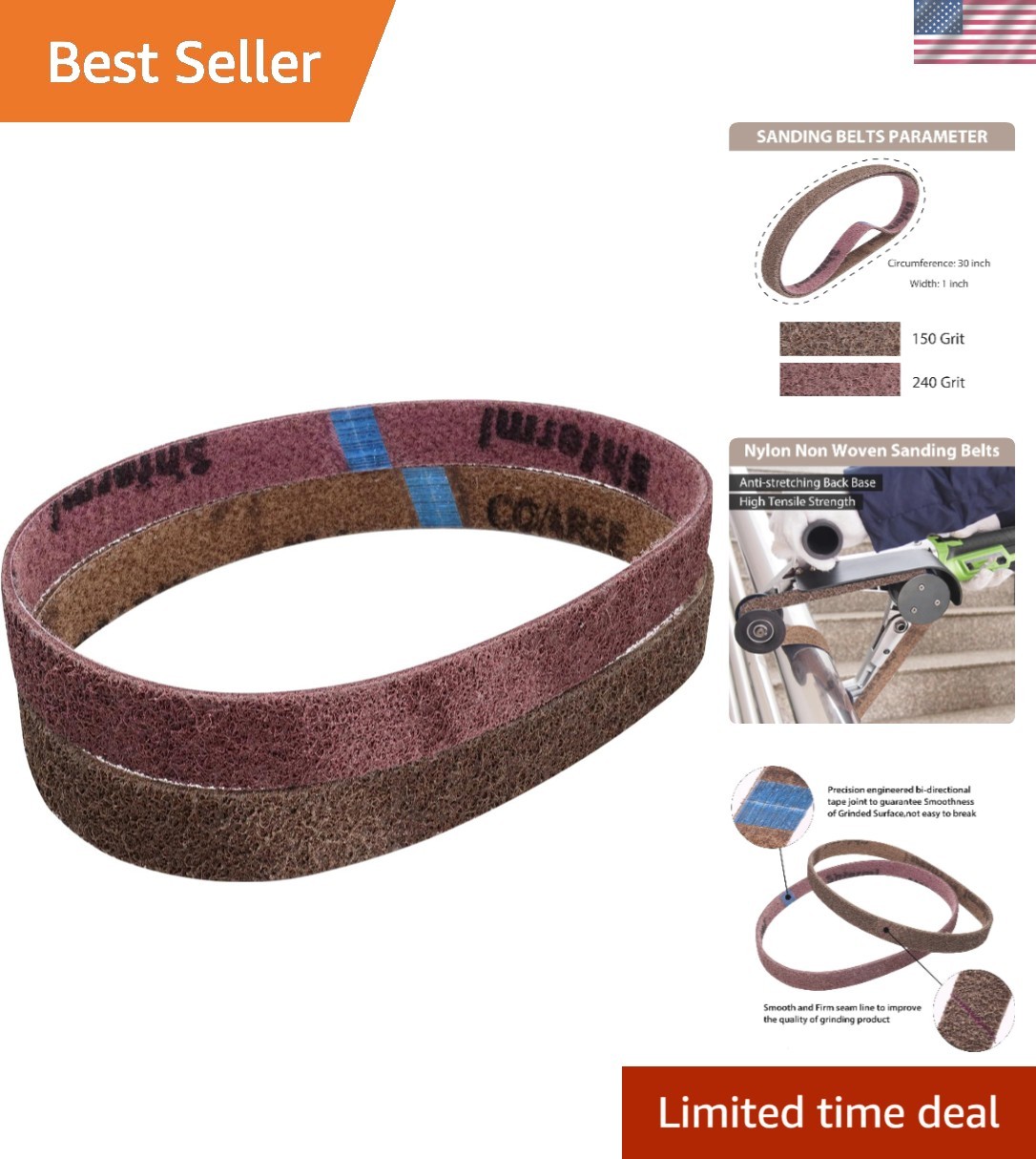 2 Pack 1×30 Inch Nylon Non-Woven Sanding Belts 150/240 Grit for Metal Polishing