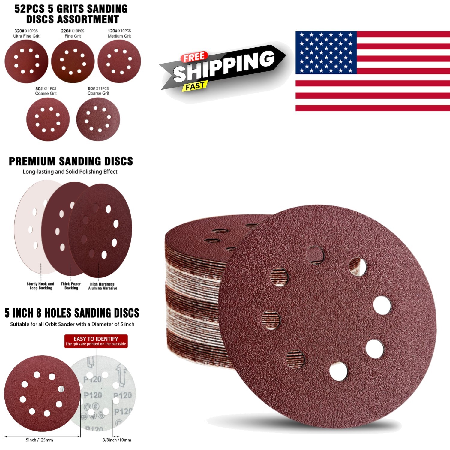 5 Inch Sanding Discs Pack of 52 with Durable Aluminum Oxide for Smooth Surfaces