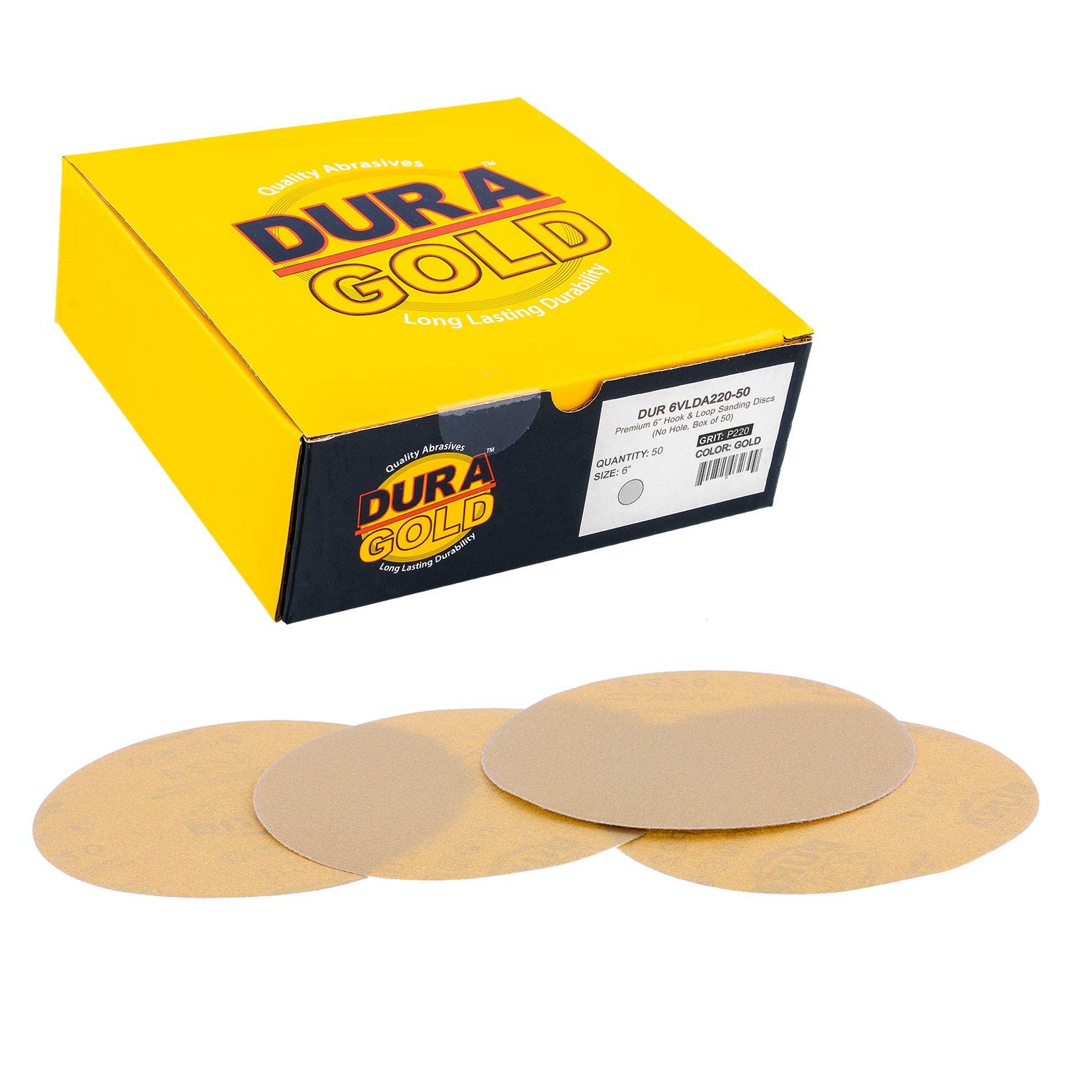220 Grit 6 Gold Sandpaper Discs, No Hole Pattern Dustless, Box of 50, Hook & Loo