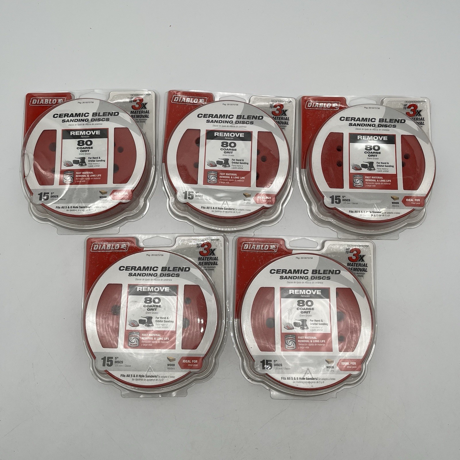 NEW!! 5 Pack (75pcs) Diablo 5 in. 80-Grit Ceramic Blend Orbital Sanding Disc