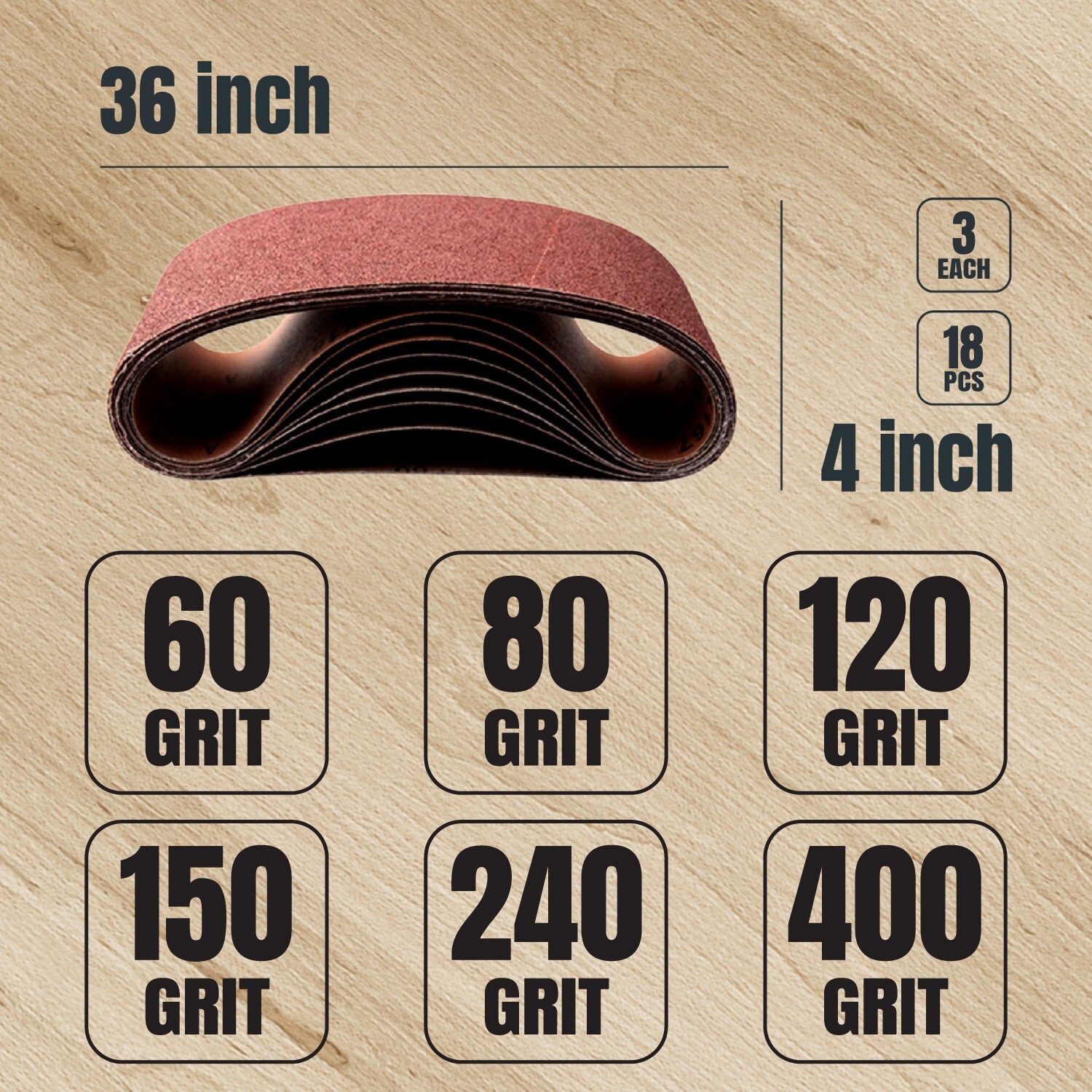 POWERTEC 4 x 36″ AO Sanding Belts Assortment 60 80 120 150 240 400 Grits – 18pcs