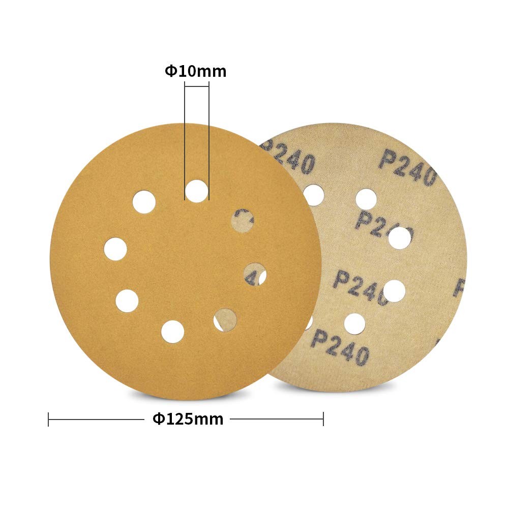 5″ 8 Hole Hook & Loop Sanding Discs Yellow Flocked Back Sandpaper Sheets