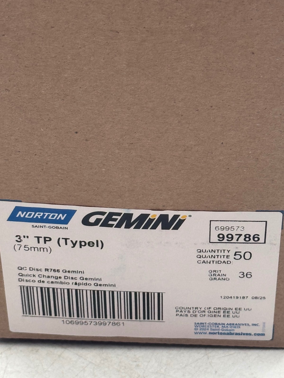 Norton Gemini Abrasive Discs 3in 36 Grit Quick Change 75mm TP R766 QC-50PK
