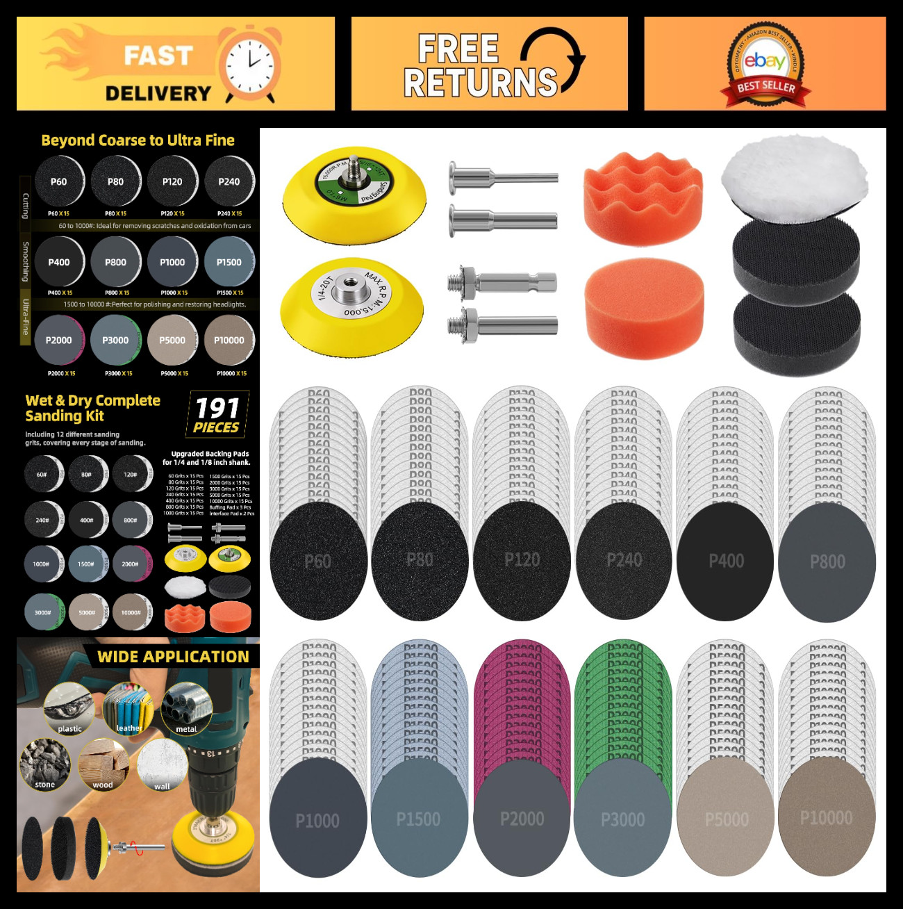 191Pcs Sanding Disc Kit – 3 Inch Hook & Loop Sandpaper, 60-10000 Grit, Wet/Dry,