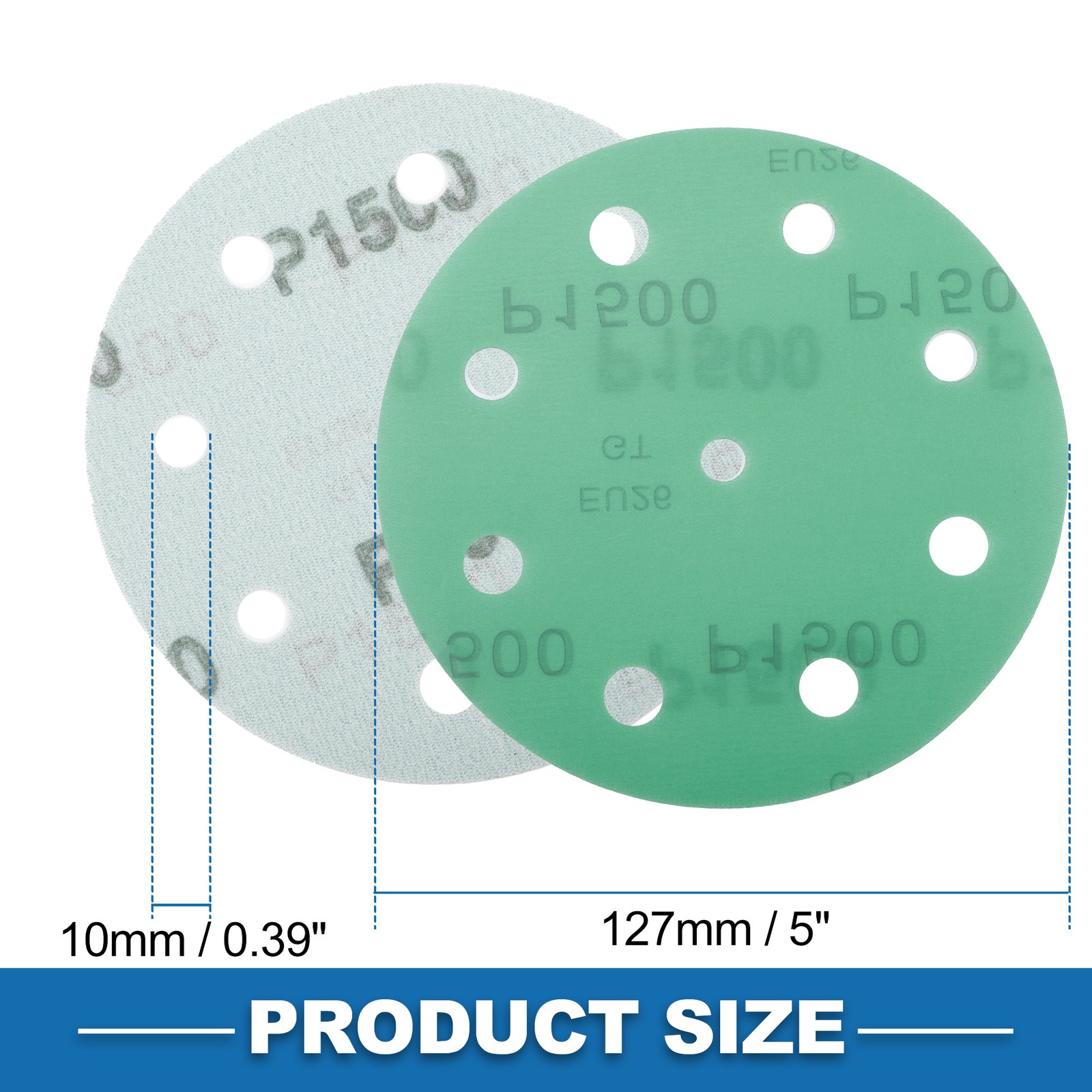 Sanding Discs 5 Inch 9 Hole 1500 Grit Round Hook and Loop Sandpaper Green 50pcs