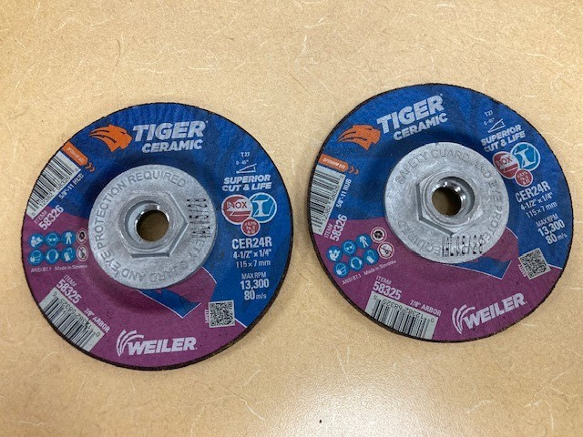 2 Weiler 58325 Tiger Grinding Wheels, 4-1/2 in dia x 1/4 in Thick x 7/8 in Arbor