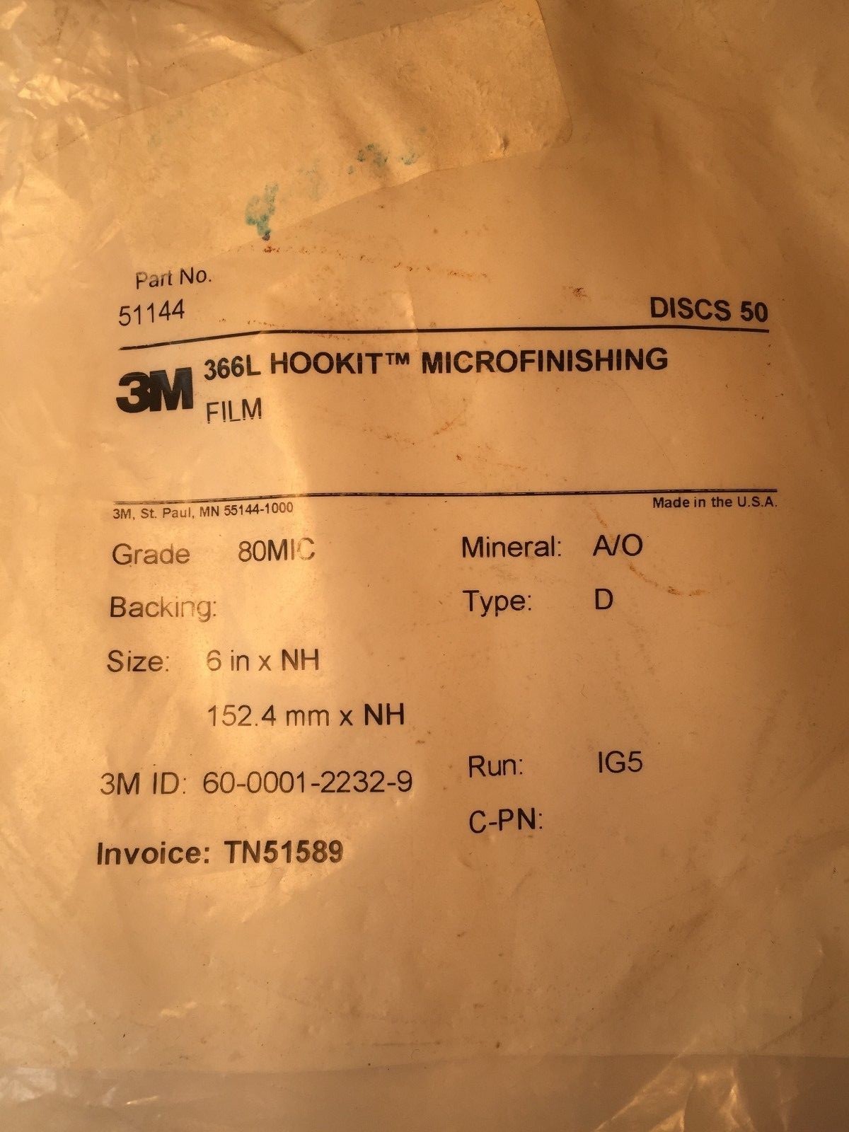 3M 366L HOOKIT 80 MIC 6″ DUST FREE 6 HOLE 51144 36 PIECES / PKG NEW Lot#1171