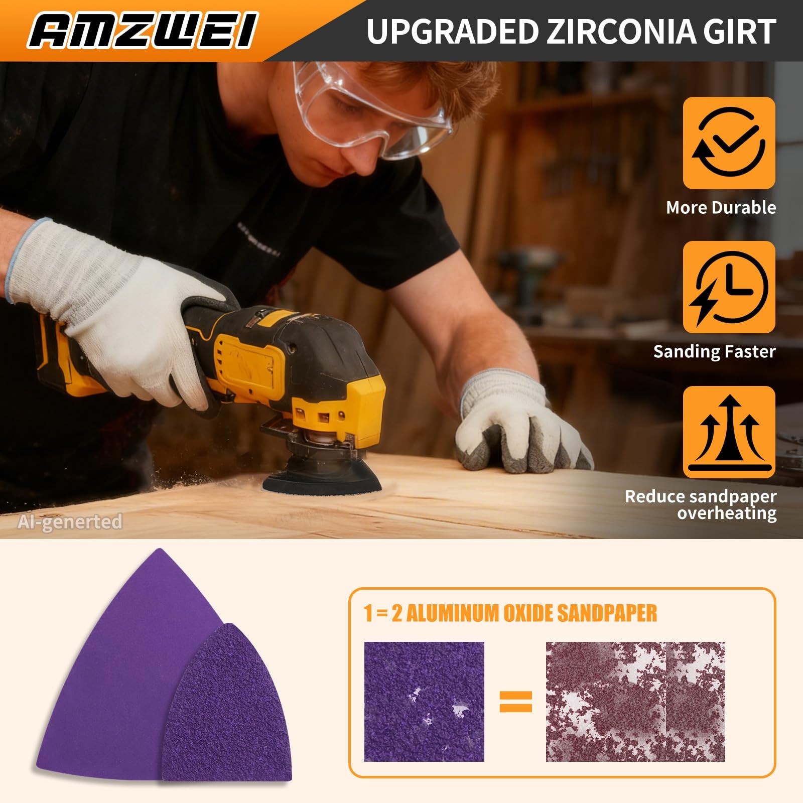 Upgraded 206CS Zirconia Oscillating Tool Sanding Kit with 3 Triangle & 3 Fing…