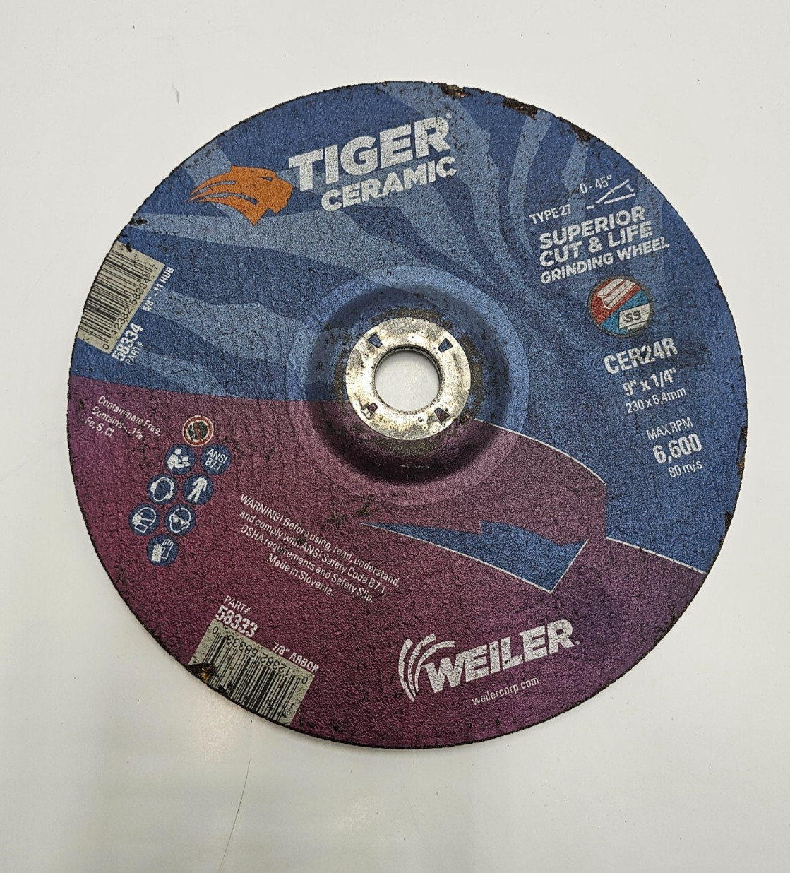(QTY 2) Weiler 58334 9″ x 1/4″ x 5/8-11 Grinding Wheel TIGER Ceramic Type 27