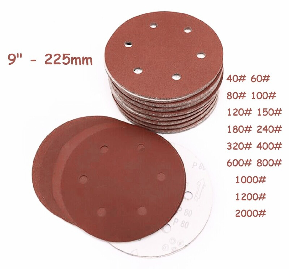 Sanding Pads Discs 225mm 9″ Hook and Loop Pads Dry Grinding Sander Grit 40-2000