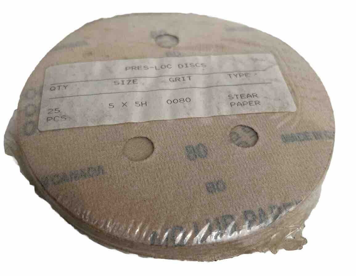 PRES-LOC Discs Sanding Discs 5″/127mm 5-Hole Stear Paper 80 Grit 25pk