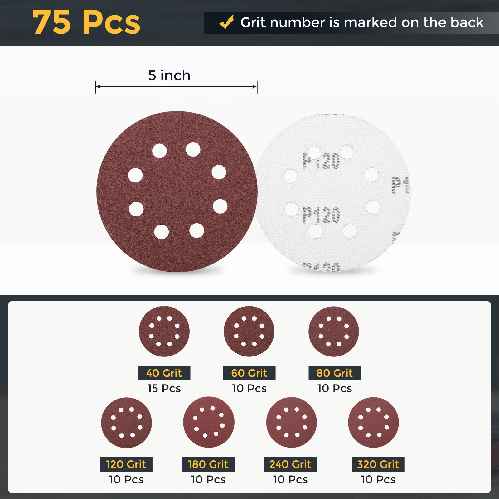 75 Pcs 5 Inch Sanding Disc 8 Hole 40/60/80/120/180/240/320 Grit Hook and Loop
