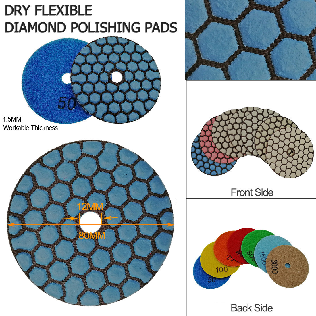7pcs Diameter 3inch / 80mm Dry Polishing Pads Sanding Disc for Marble Granite