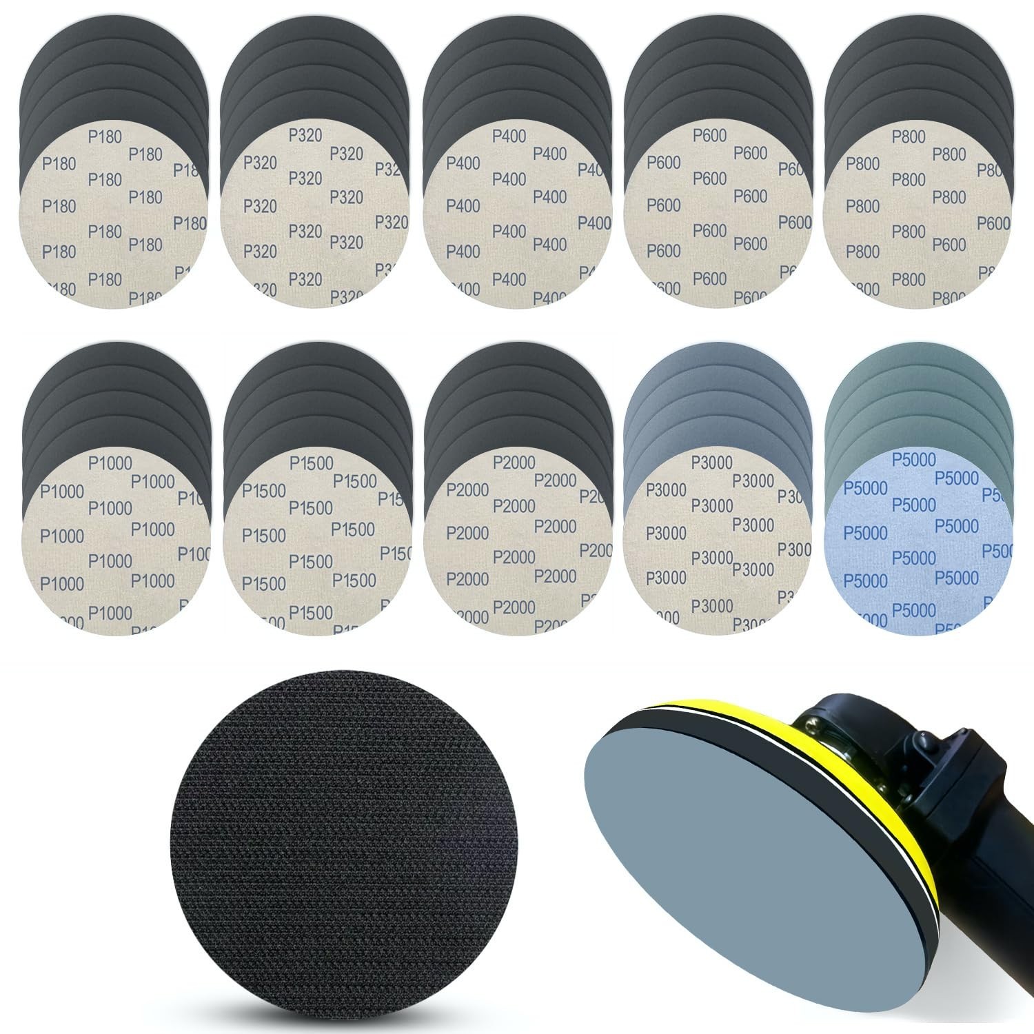 5 Inch 51pcs Wet Dry Sanding Discs Hook and Loop Foam Backing Pad, Waterproof…