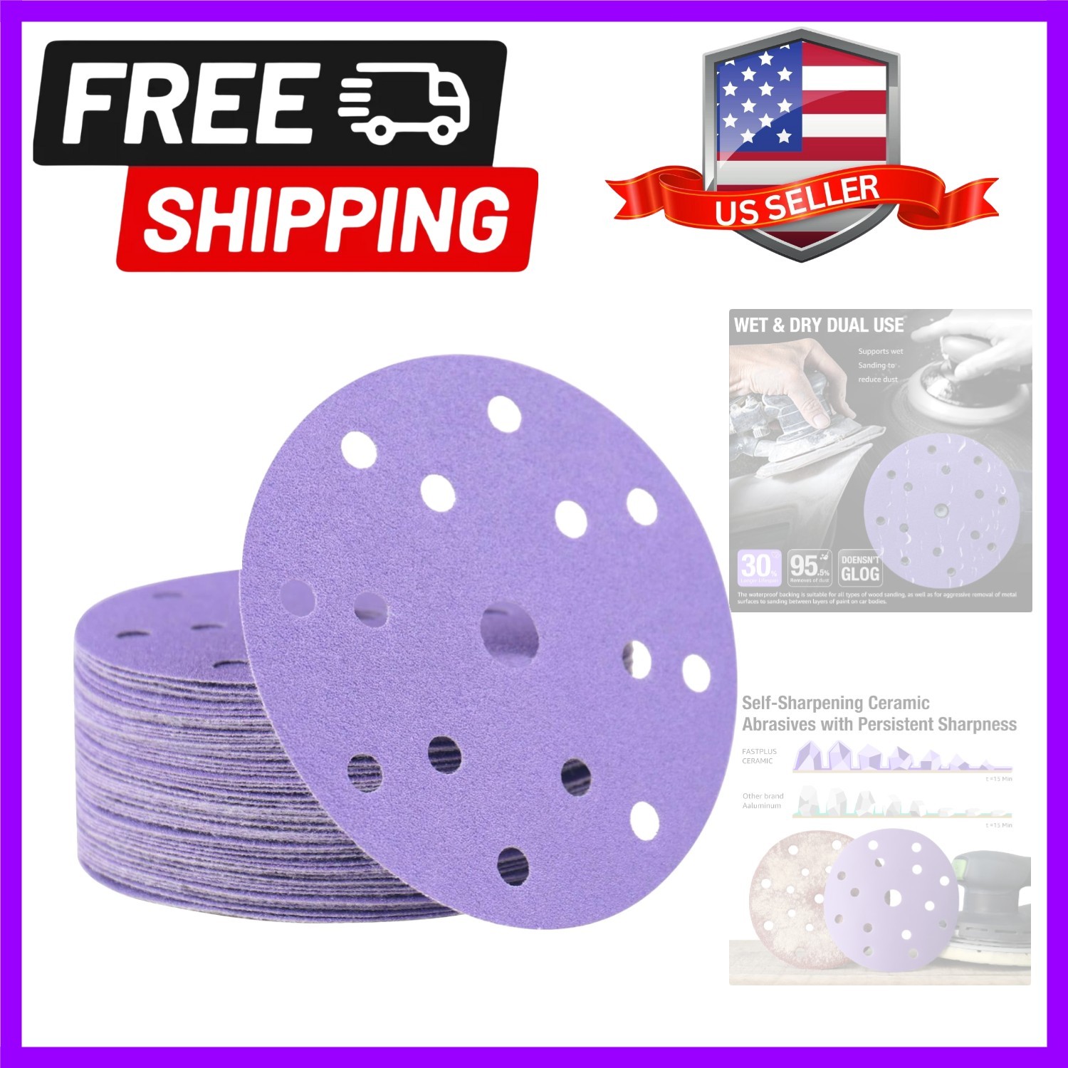 6 Inch 15 Hole Film Sanding Discs 40 Grit Ceramic Sanding Discs 36 Pcs Heavy-…