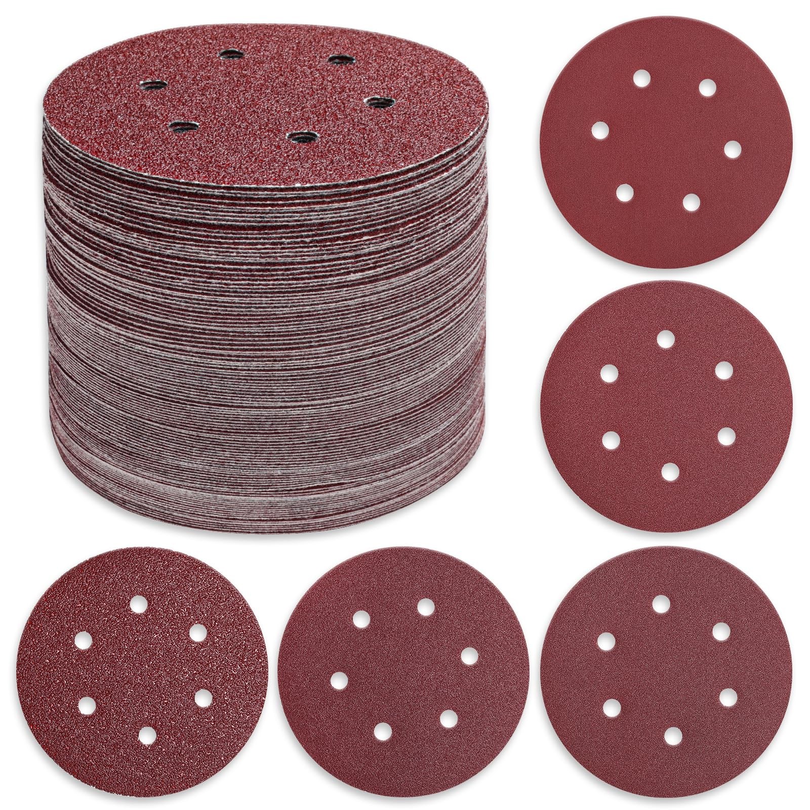 110 PCS 6 Inch 6-Hole Sanding Discs, Round Hook and Loop Sandpaper