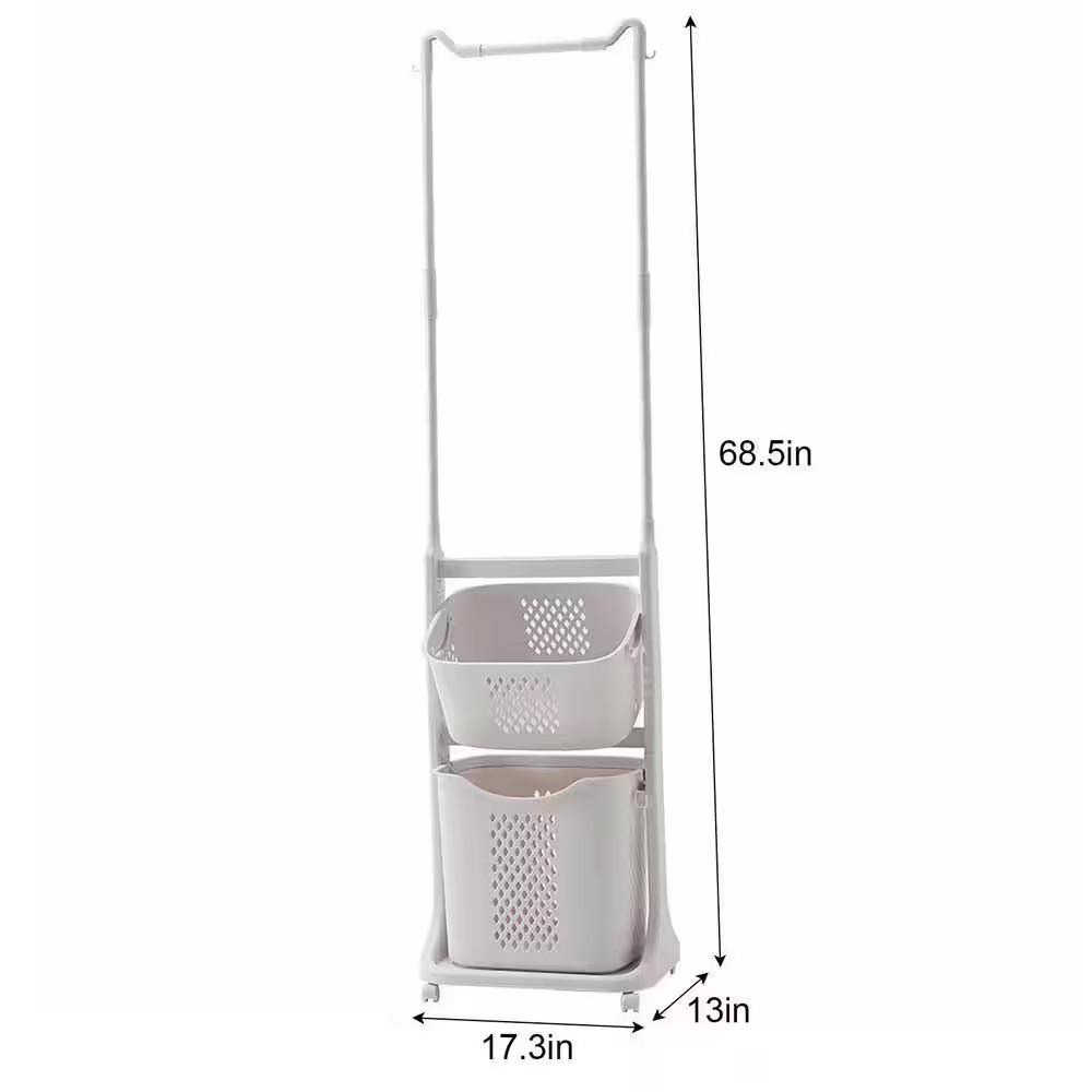 White Plastic 2 Bag Laundry Sorter with Hanging Bar Laundry Baskets on Wheels Re