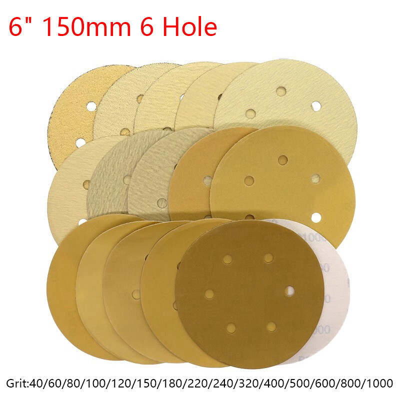 6″ 150mm 6 Hole Yellow Sanding Discs Hook and Loop Sandpaper Pads Grit 40 – 1000