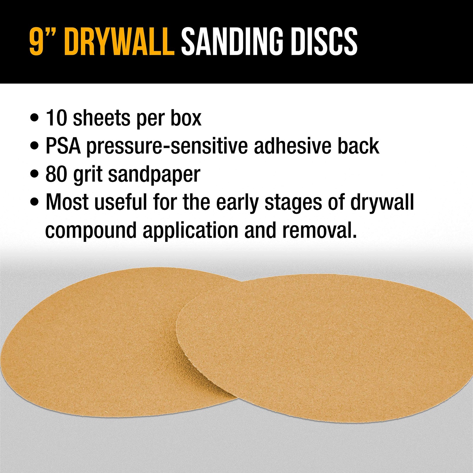 10 Pack Premium 9 Inch Drywall Sanding Discs 80 Grit PSA Self Adhesive Sticky
