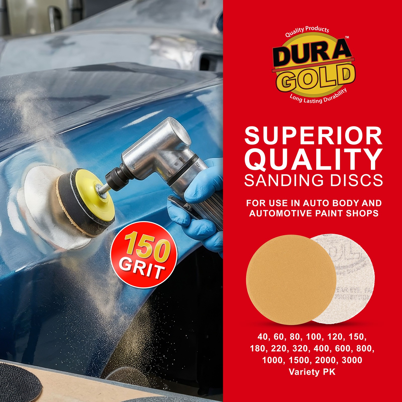 Dura-Gold 150 Grit 3″ Gold Hook & Loop Sanding Discs for DA Sanders – Box of 30