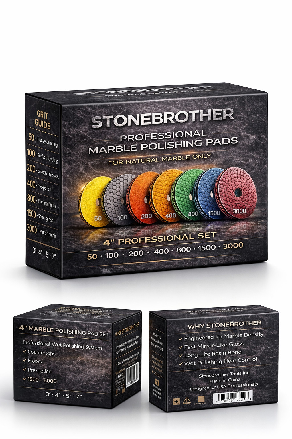 Stonebrother 4” Dry Diamond Polishing Pads 7PCS Set for Quartz Granite Marble