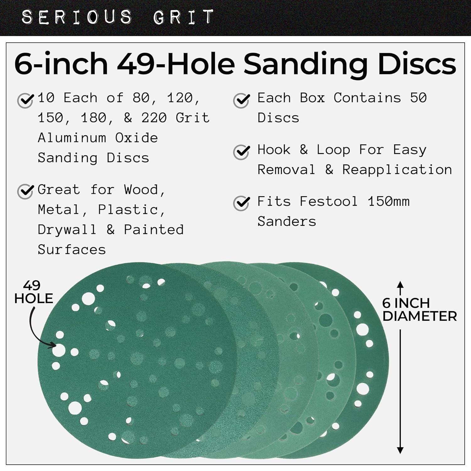 6-Inch 49-Hole Sanding Discs – Mixed Grits 80 to 220 for Festool Sanders