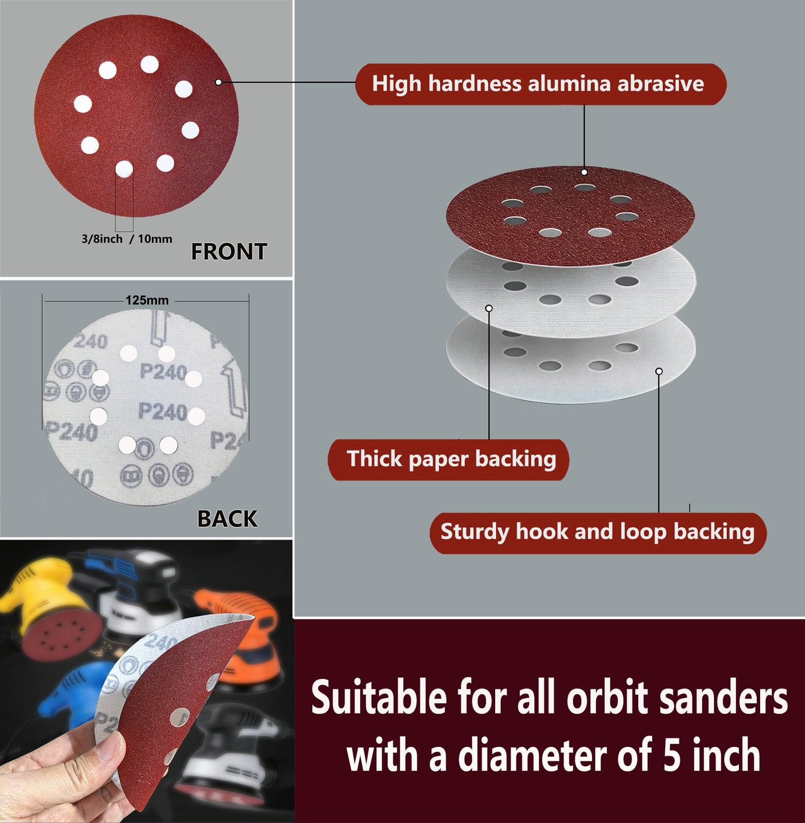 120 PCS 5 Inch 8 Hole Red Round Sandpaper, 60 80 100 120 150 180 220 240 320 …