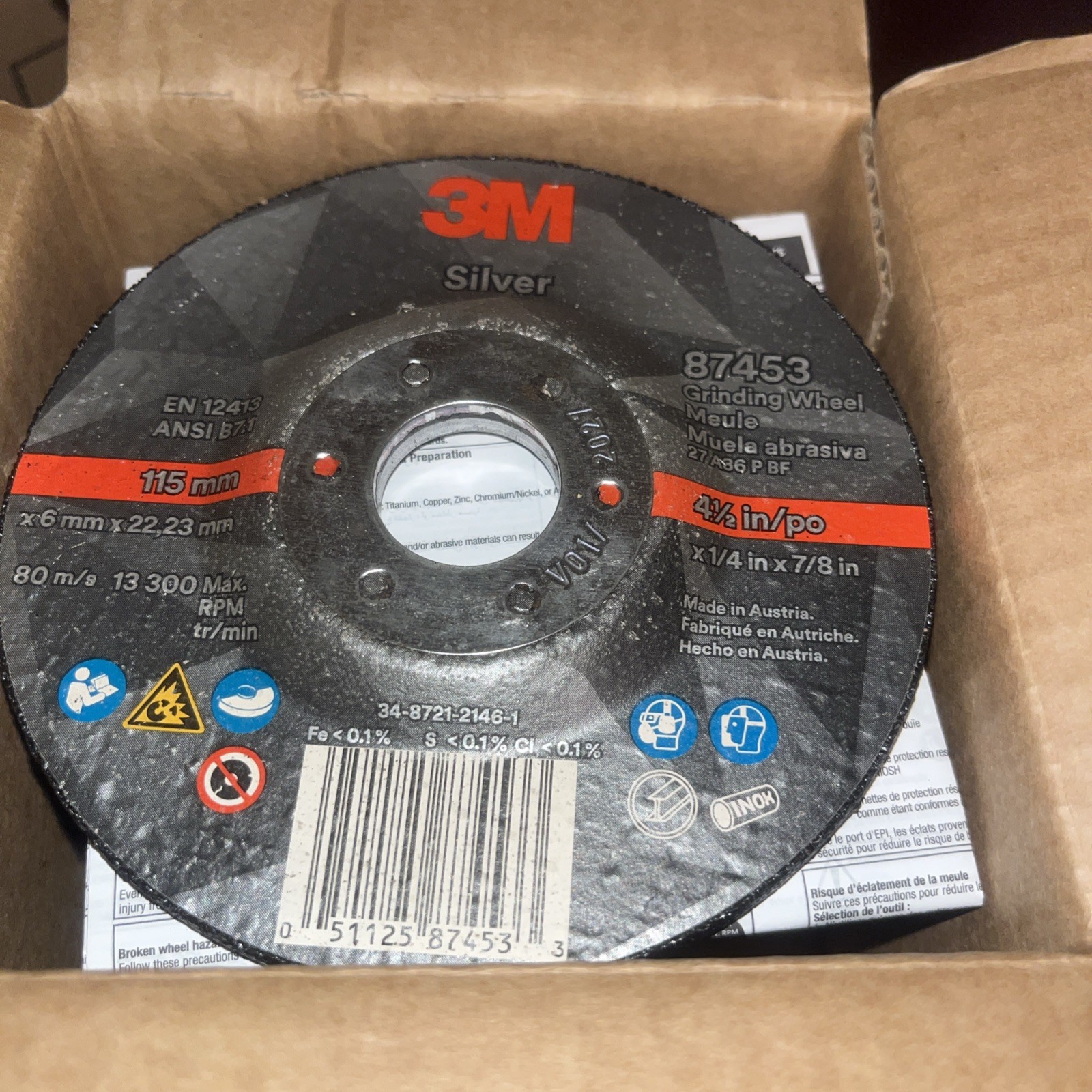 Case/10 3M 87453 Silver Grinding Wheel 4.5″x1/4″x7/8″ T27, 36+ Grit,