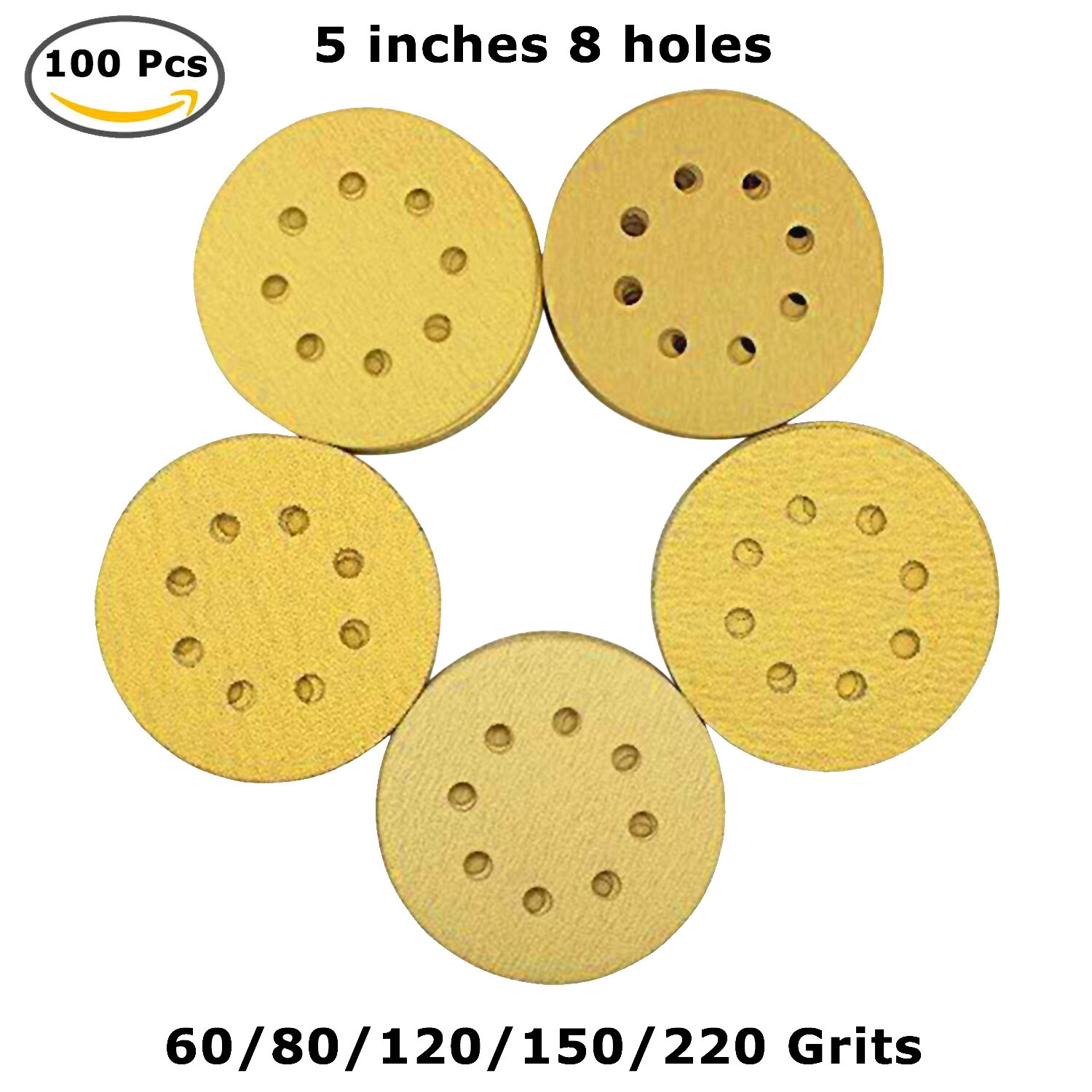 60 80 120 150 220 Grit 5″ Sanding Discs Orbital Sander Paper Sheet Hook Loop Pad