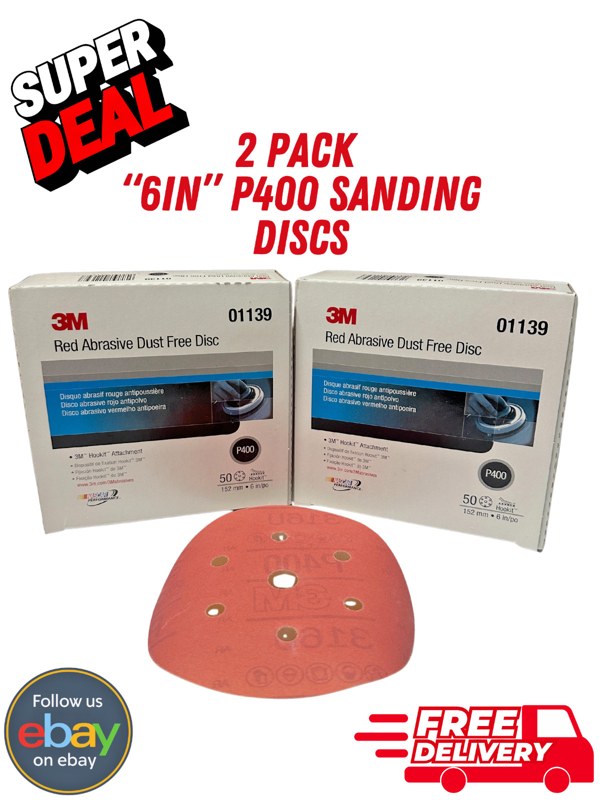 2 Pack 3M p400 01139 6in Sandpaper Sanding Discs Hookit 50 pieces 152mm