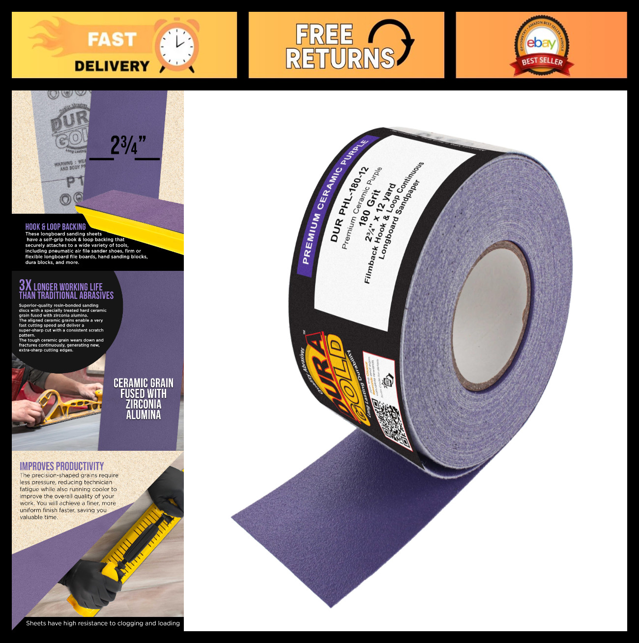 Premium 180 Grit Purple Ceramic Longboard Sandpaper Roll – 2.75″ x 12 Yards, Hoo