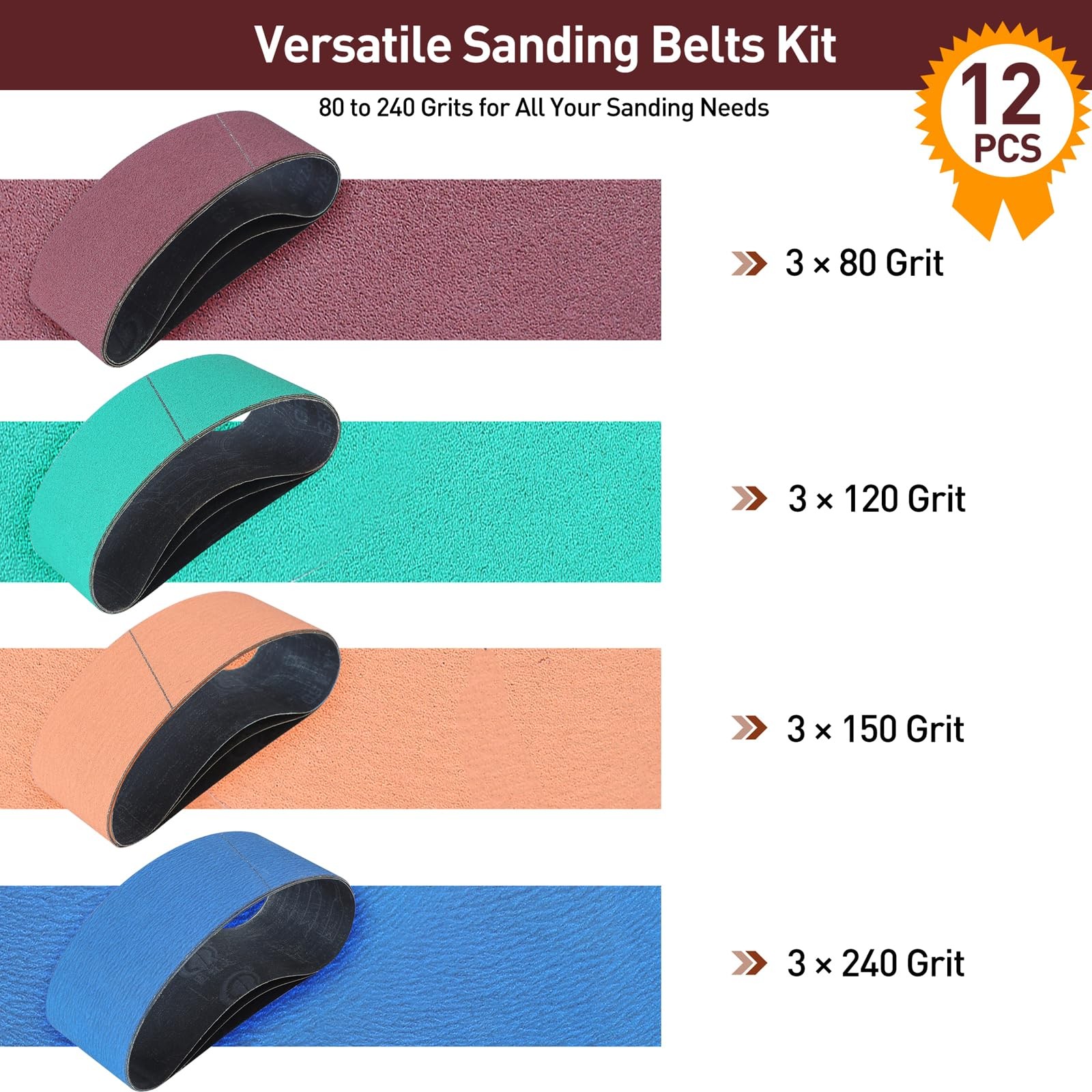 3″ x 21″ Sanding Belts for Belt Sander, Assorted Grits 12 Pcs 3 Each of 80 12…