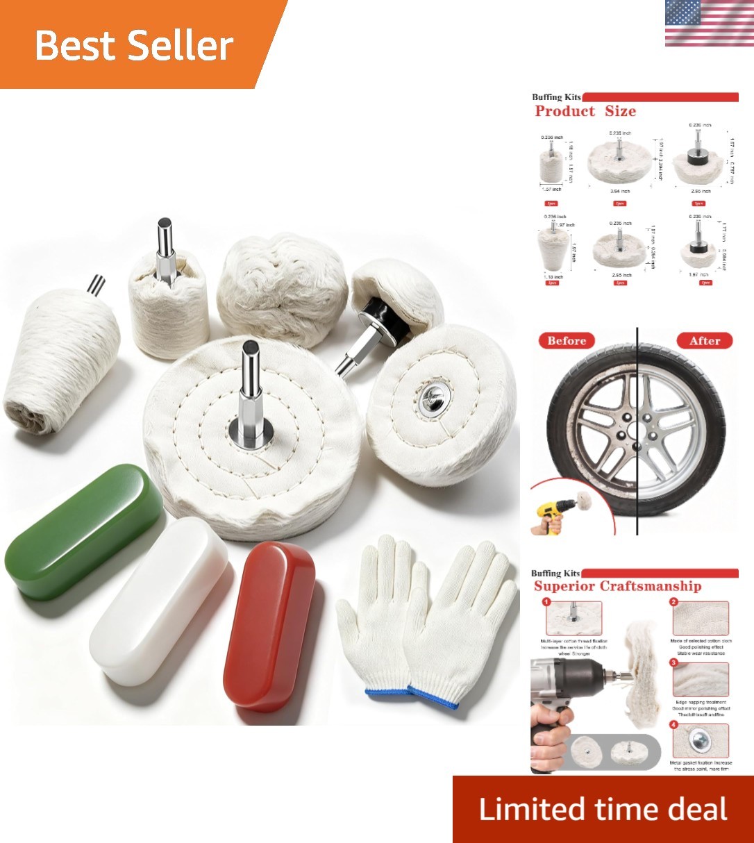 10Pcs Polishing Wheel Set with Cotton Gloves for Multi-Surface Buffing