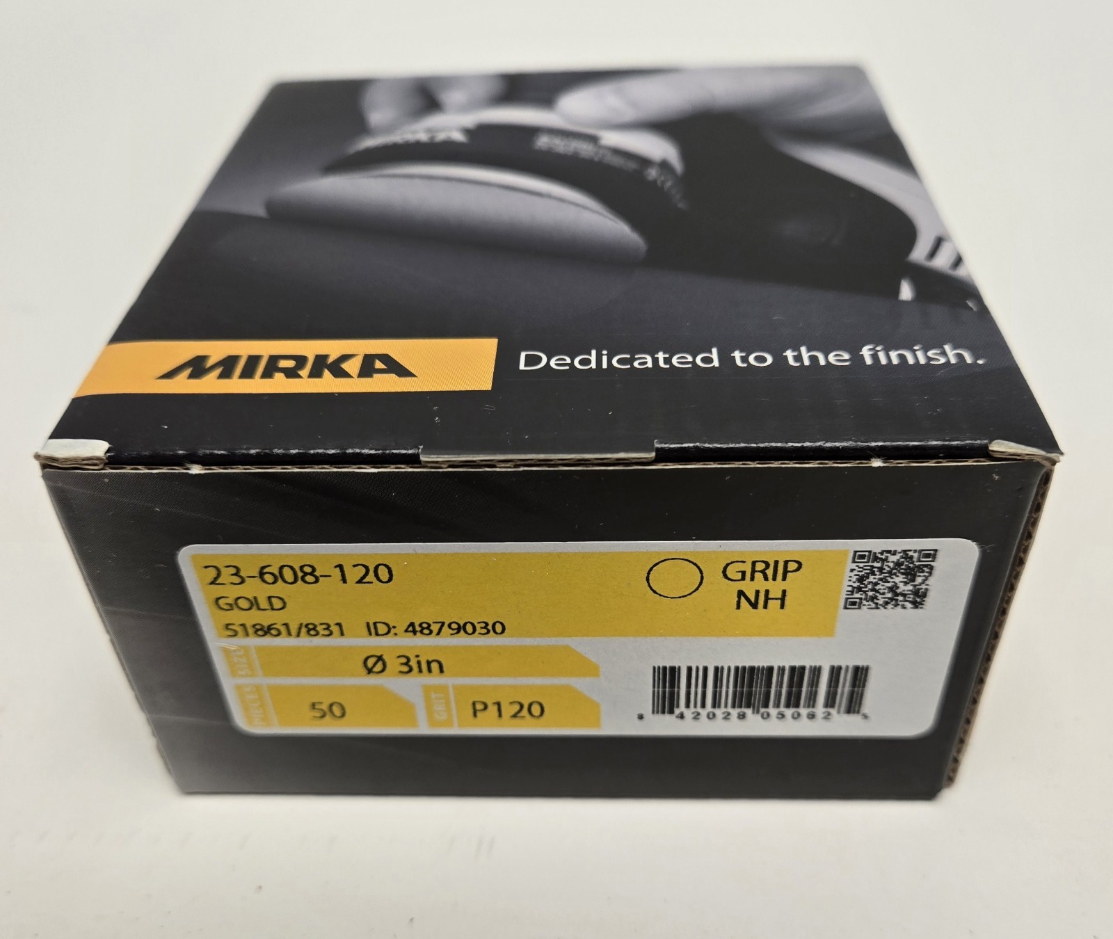 MIRKA SANDING DISCS 23-608-120. GOLD 3″, P120 GRIT. BOX OF 50.