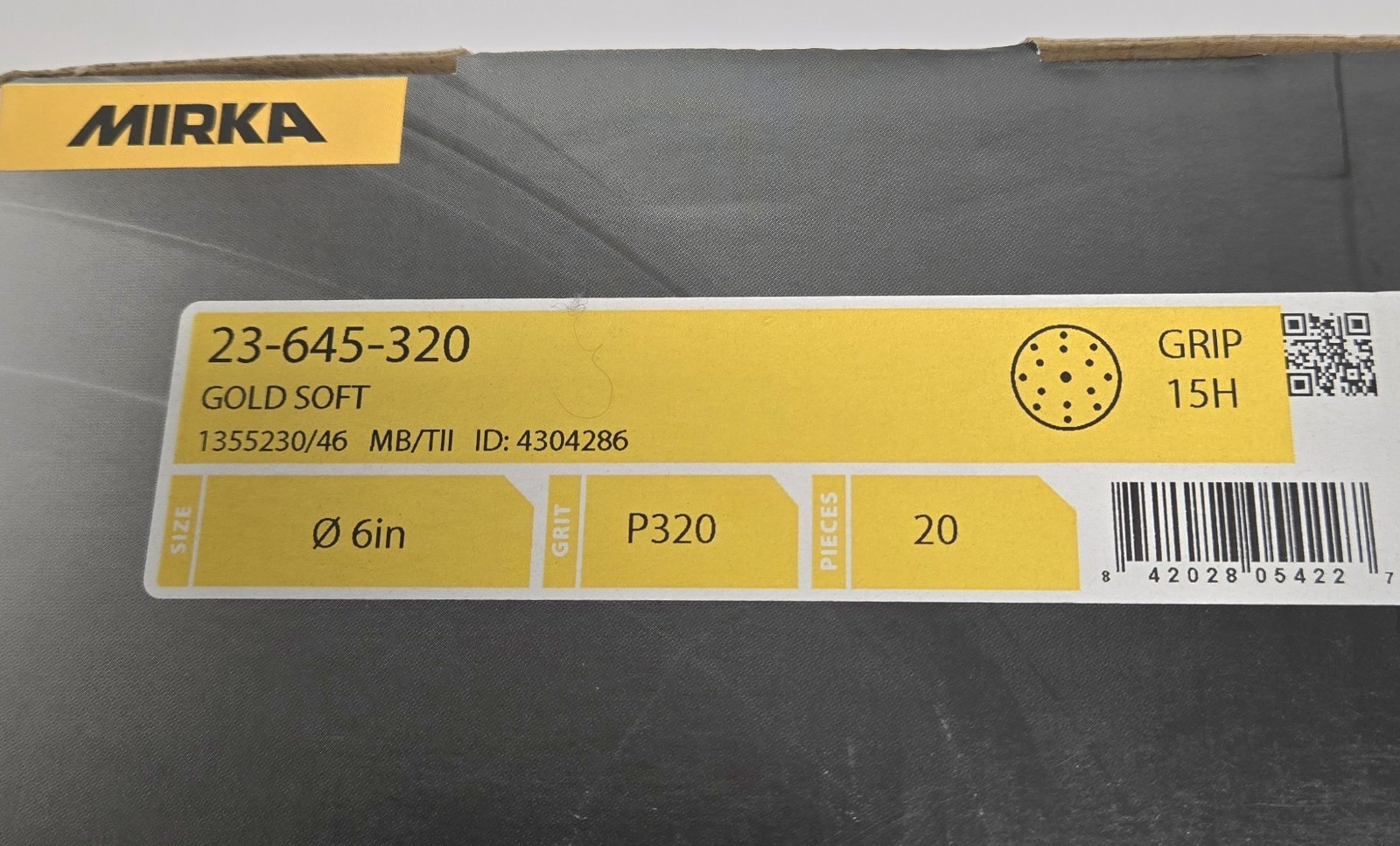 MIRKA SANDING DISCS 23-645-320. 6″ GOLD SOFT, 15 HOLE, P320 GRIT. BOX OF 20.