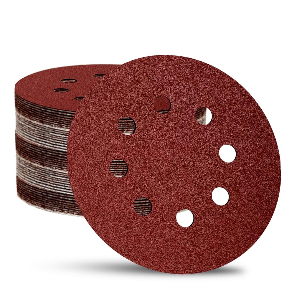 52Pack 5 Inch 8-Hole Hook and Loop Sanding Discs Sandpaper Red Round 60 80 120
