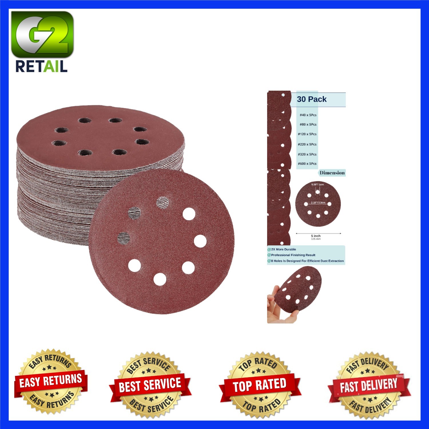 High-Quality 5 Inch Sandpaper Discs – 30 Pack with 40-600 Grits for Versatility
