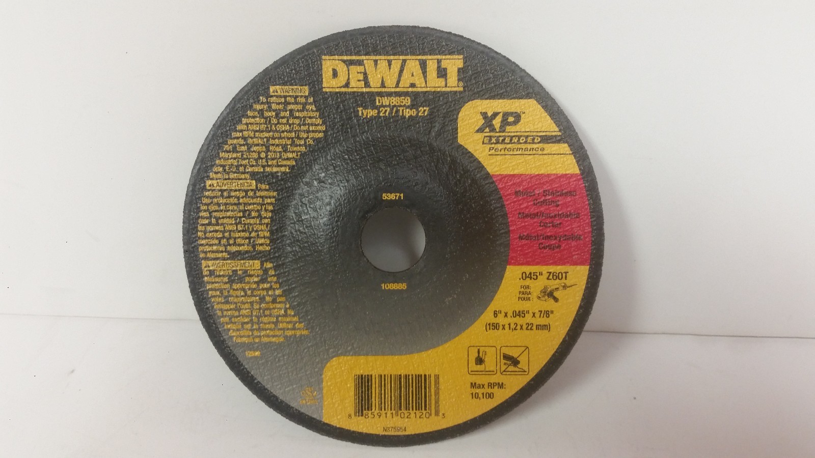 Dewalt DW8859 Type 27 Metal / Stainless Cutting Wheel 6″ x .045″ x 7/8″ 5 pack