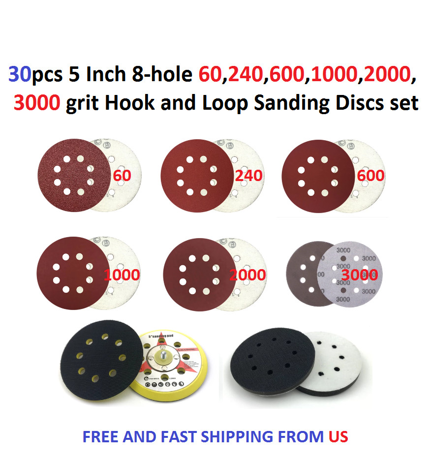 30pcs 5 Inch 8-hole 60,240,600,1000,2000,3000 grit Hook & Loop Sanding Discs set