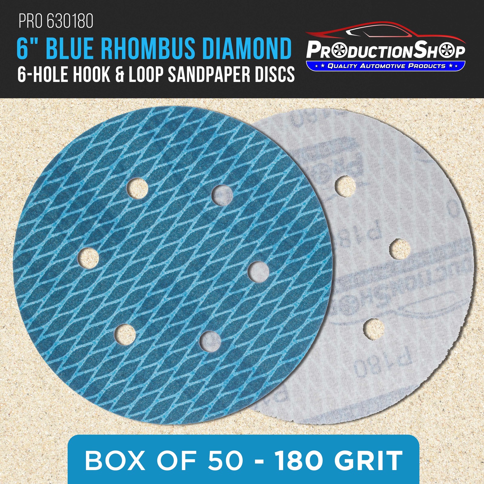 180 Grit 6″ Diamond Shape Sanding Discs, 6-Hole, Box of 50 Hook & Loop Sandpaper