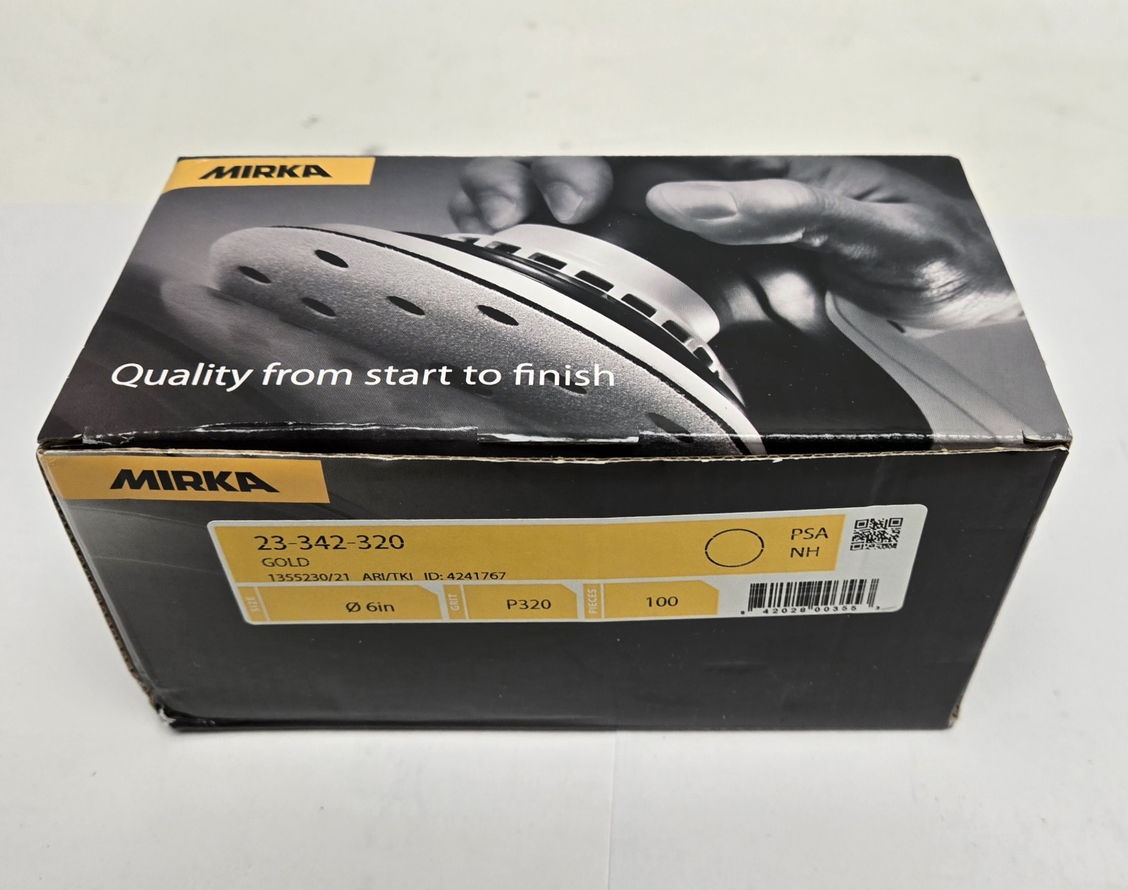 MIRKA SANDING DISCS 23-342-320. 6″ GOLD, P320 GRIT. ROLL OF 100.