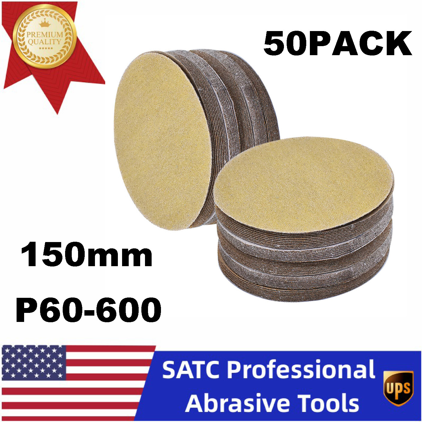 50 Pack 150mm 6 Inch sandpaper No Hole Hook and Loop Grip Sanding Discs P60-600