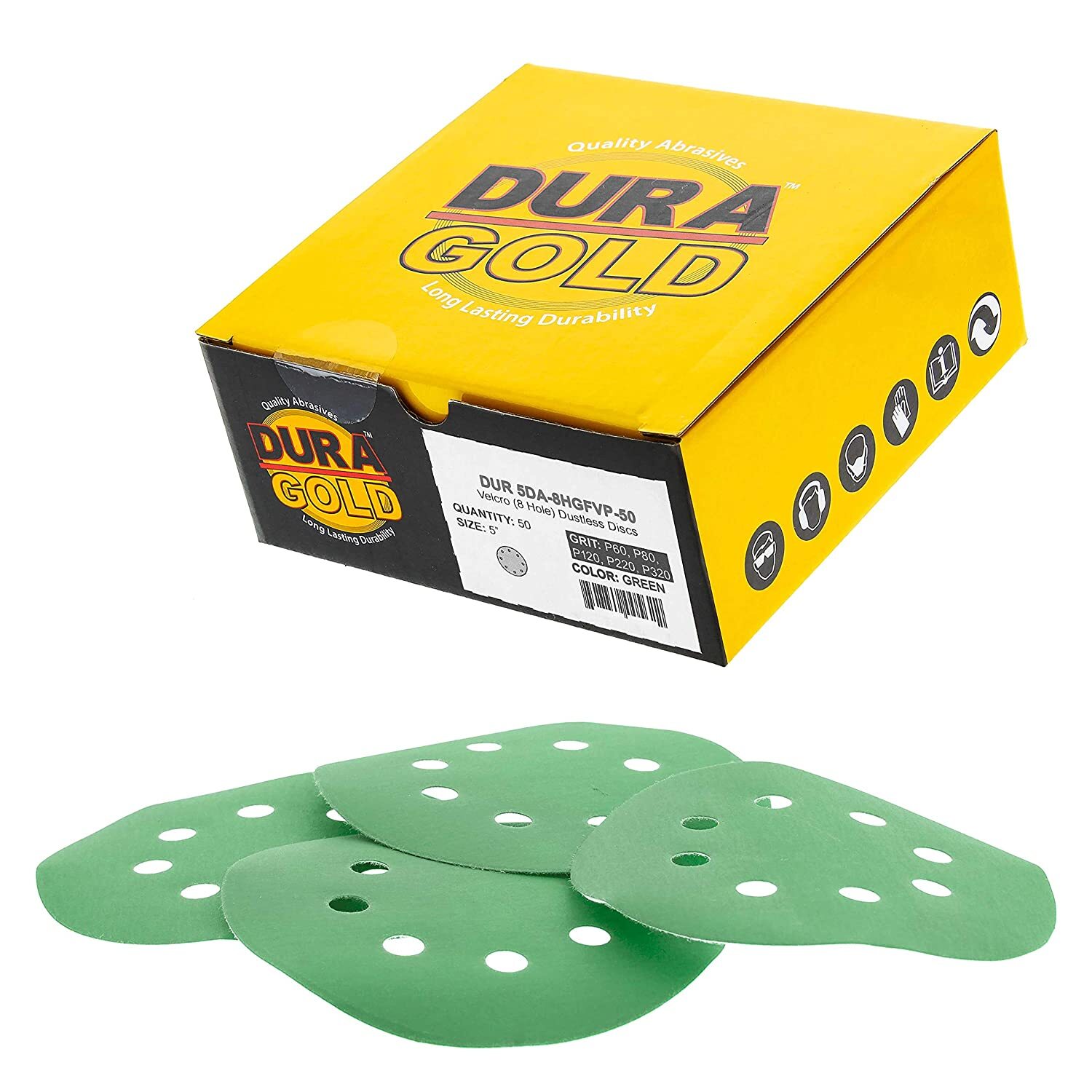5″ Variety Grit Green Film Sanding Discs – 8-Hole Dustless Hook & Loop – 50 Pack